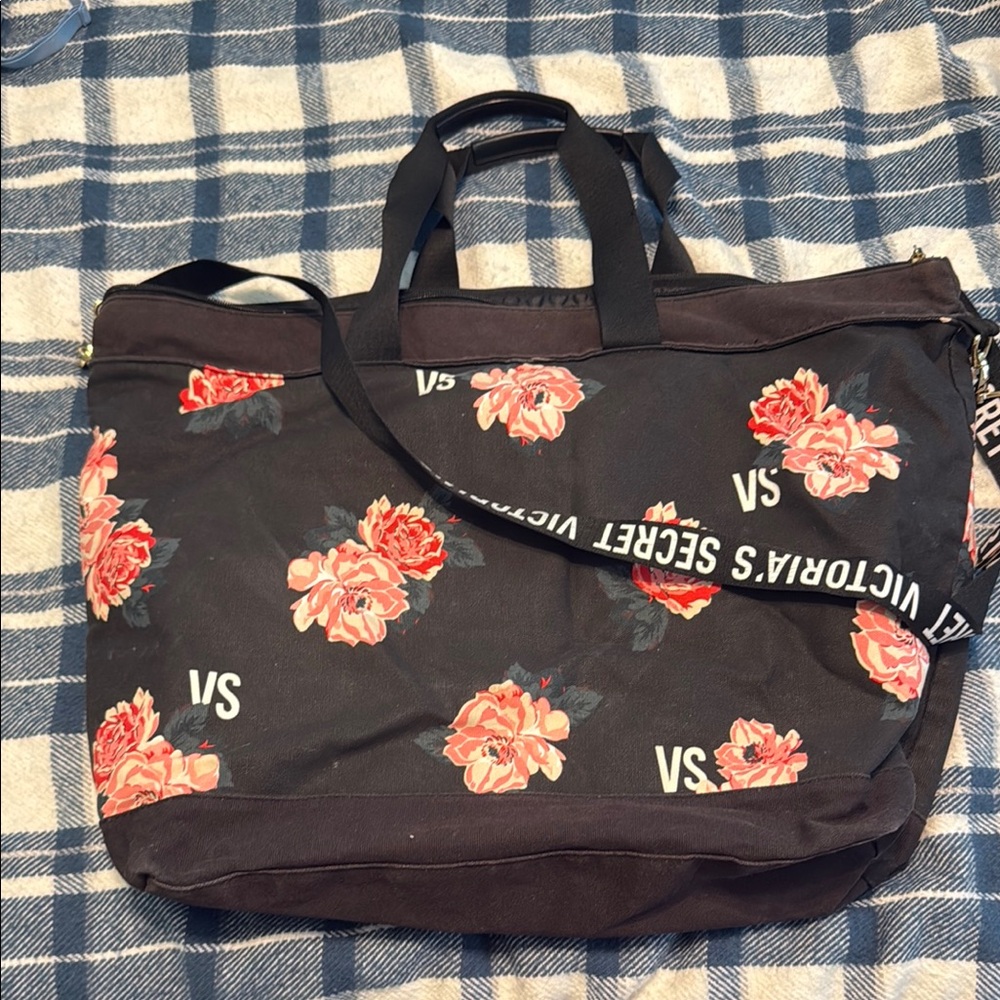 Victoria's Secret Black and Pink Floral Tote